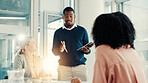 Presentation, talking and business people in meeting, tablet and feedback for budget report. Group, employees or financial agency in office, tech or speaker with seminar, digital app or collaboration