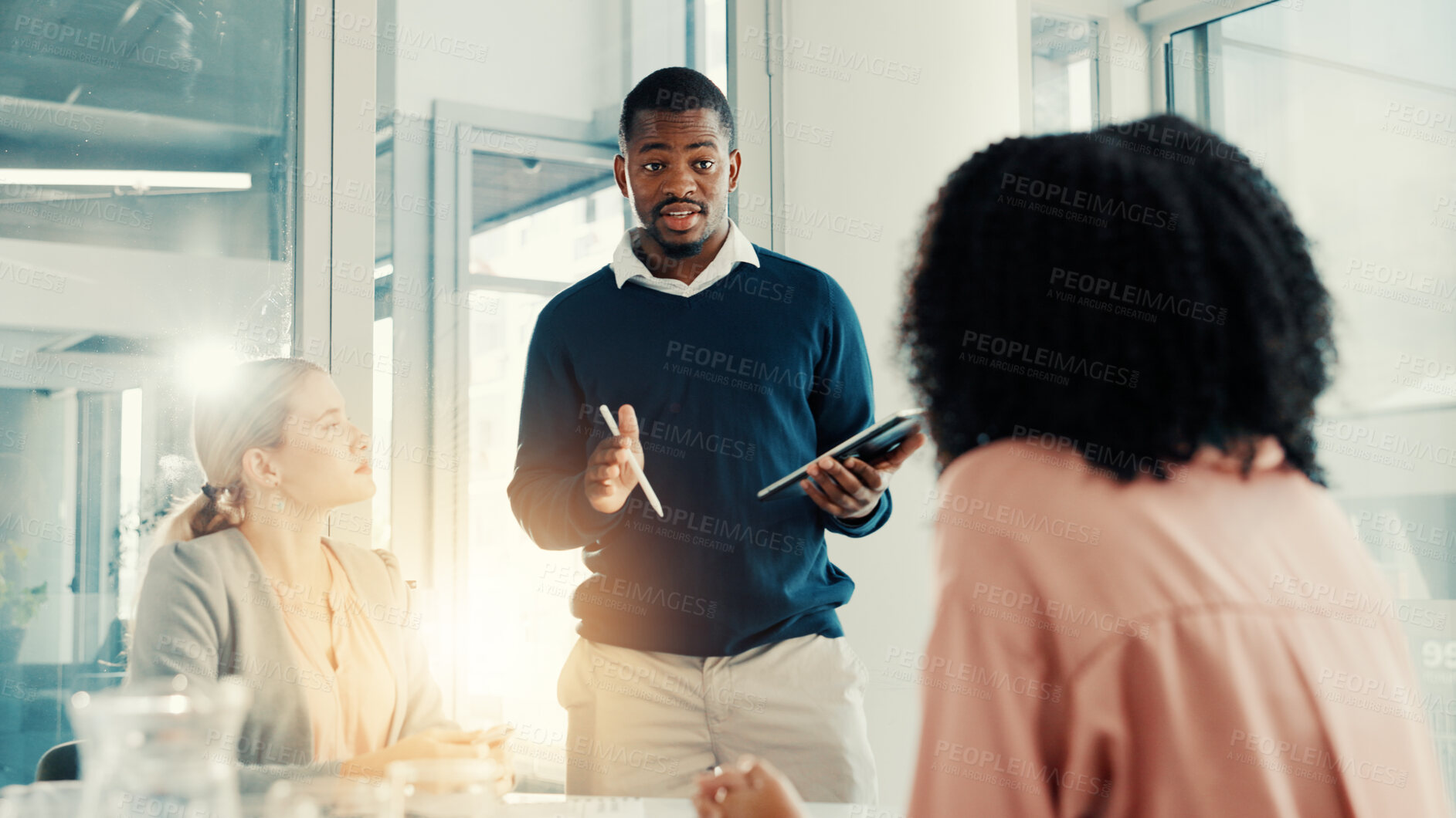 Buy stock photo Presentation, talking or business people in meeting, tablet and feedback for budget report. Group, employees or financial agency in office, tech or speaker with training, digital app or collaboration