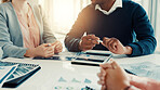 Hands, business people and discussion in meeting with data, investment metrics and planning. Office, team and brainstorming with charts, financial stats and performance analysis with kpi tracking