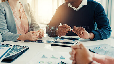 Buy stock photo Hands, business people and discussion on tablet with data, investment metrics or planning. Office, team or brainstorming with charts on tech, financial stats or performance analysis with kpi tracking