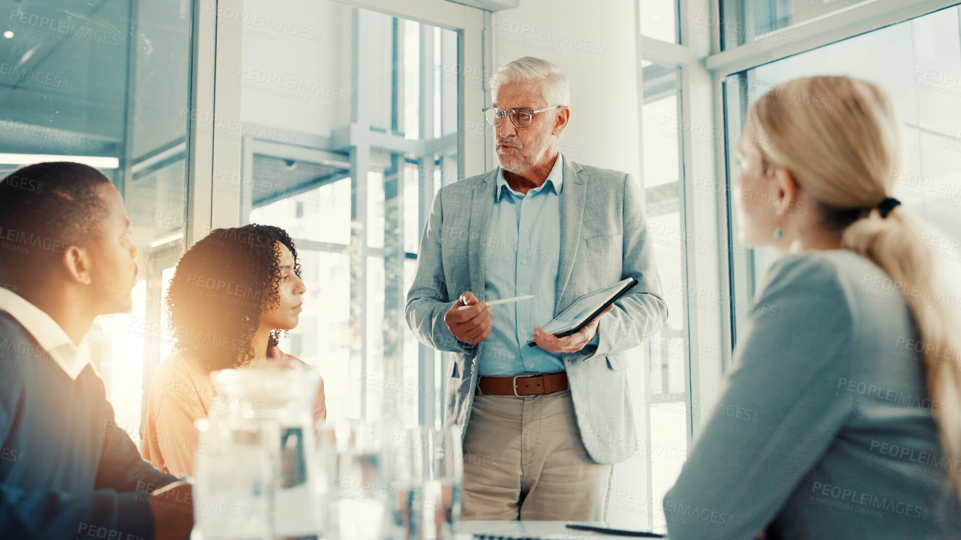 Buy stock photo Presentation, meeting and business people in office, tablet or digital app for budget report. Group, employees or financial agency in workplace, tech or speaker with training, training or partnership