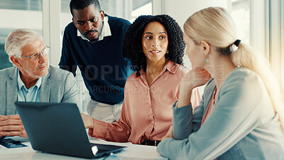 Buy stock photo Collaboration, colleagues and group with laptop, discussion or investment ideas for business growth. Meeting, financial analyst and people with tech for market trends, talking and teamwork in office