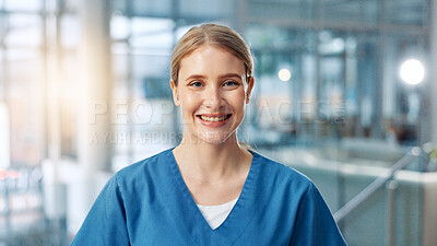 Buy stock photo Smile, medical and portrait of woman nurse in hospital for about us, service and confidence. Happy, healthcare and scrubs with friendly medicine professional in clinic for medicare or therapy