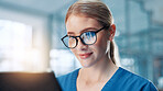 Glasses, doctor and woman in hospital, tablet and email with digital app for shift schedule. Eyewear, person and medical with professional, healthcare and online reading for test report or reflection