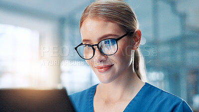Buy stock photo Glasses, doctor and woman in hospital, tablet and email with digital app for shift schedule. Eyewear, person and medical with professional, healthcare and online reading for test report or reflection