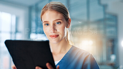 Buy stock photo Doctor, woman and smile with tablet for review, report and healthcare services in hallway at clinic. Person, touchscreen and happy with app, medical research and reading with results at hospital
