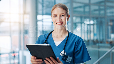 Buy stock photo Nurse, woman and happy with tablet in portrait, lobby and report for healthcare services at clinic. Person, technology and smile with application, medical research and results at hospital in Germany