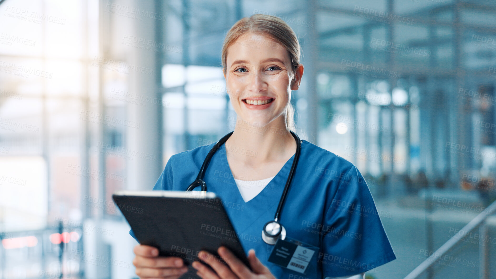 Buy stock photo Nurse, woman and happy with tablet in portrait, lobby and report for healthcare services at clinic. Person, technology and smile with application, medical research and results at hospital in Germany