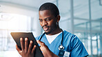 Internet, doctor and black man in clinic, tablet or typing with email with connection. Healthcare, African person or medical with professional, tech or online reading for diagnosis report in hospital