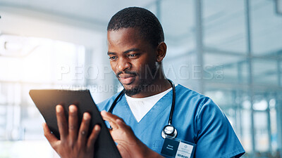 Buy stock photo Internet, doctor and black man in clinic, tablet or typing with email with connection. Healthcare, African person or medical with professional, tech or online reading for diagnosis report in hospital