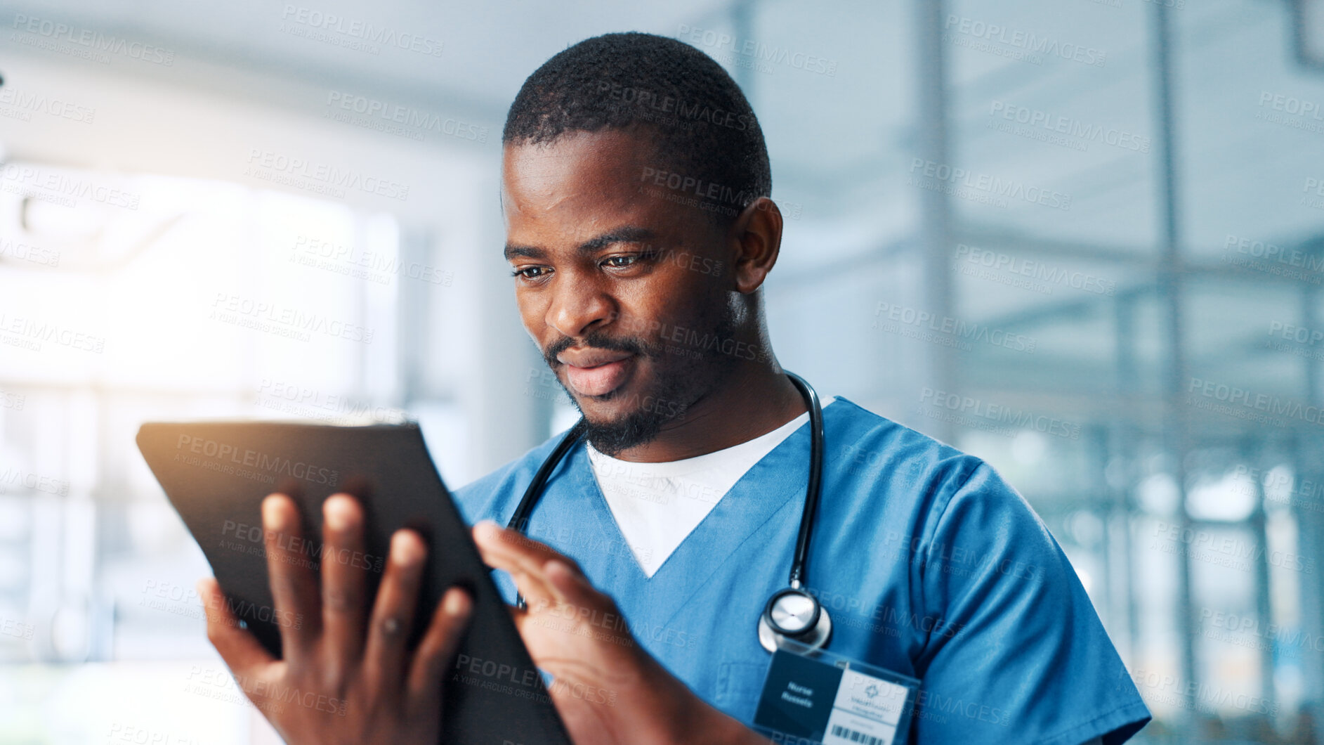Buy stock photo Internet, doctor and black man in clinic, tablet or typing with email with connection. Healthcare, African person or medical with professional, tech or online reading for diagnosis report in hospital