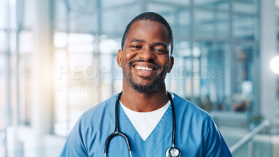Buy stock photo Medical, portrait and smile of black man nurse in hospital for cardiology, internship or training. Happy, healthcare and scrubs with friendly medicine professional in clinic for insurance or medicare