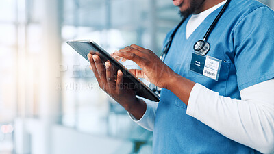 Buy stock photo Hands, doctor and man in clinic, tablet and typing with connection, website info and app. Closeup, person and medical with professional, healthcare and online reading for test results and research