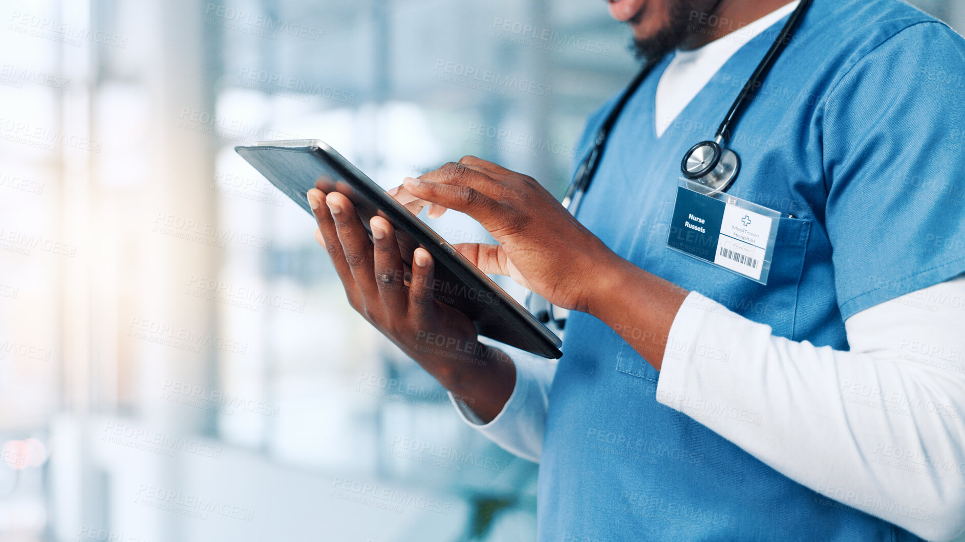 Buy stock photo Hands, doctor and man in clinic, tablet and typing with connection, website info and app. Closeup, person and medical with professional, healthcare and online reading for test results and research