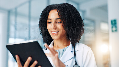 Buy stock photo Doctor, woman and happy with tablet with typing, report and healthcare services in hallway at clinic. Person, technology and smile with app, online consulting and telehealth with contact at hospital