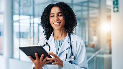 Buy stock photo Doctor, woman and smile with tablet in portrait, hallway and report for healthcare services at clinic. Person, technology and happy with app, medical research or schedule at hospital in Costa Rica