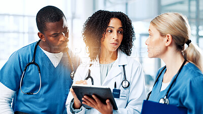 Buy stock photo Medical, meeting or tablet with doctors and nurses in hospital together for discussion or report. Collaboration, healthcare and insurance with serious medicine team in clinic for diagnosis review