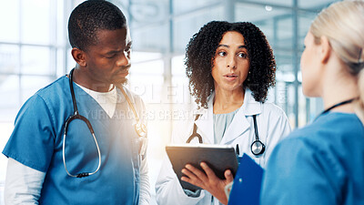 Buy stock photo Collaboration, medical or tablet with doctors and nurses in hospital for discussion or report. Conversation, healthcare and insurance with professional medicine team in clinic for diagnosis review