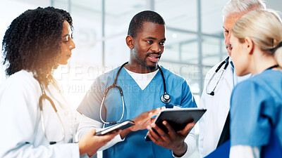 Buy stock photo Feedback, medical or tablet with doctors and nurses in hospital together for discussion or report. Agenda, collaboration and healthcare with professional medicine team in clinic for diagnosis review