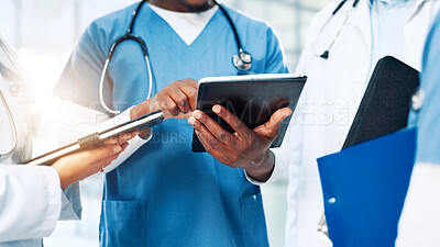 Buy stock photo Hands, medical or tablet with doctors and nurses in hospital together for discussion or report. Collaboration, healthcare and insurance with professional medicine team in clinic for diagnosis review