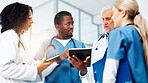 Medical, planning or tablet with doctors and nurses in hospital together for discussion or report. Feedback, healthcare and insurance with professional medicine team in clinic for diagnosis review