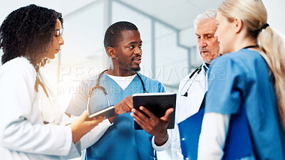 Buy stock photo Medical, planning or tablet with doctors and nurses in hospital together for discussion or report. Feedback, healthcare and insurance with professional medicine team in clinic for diagnosis review