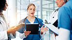 Discussion, medical or tablet with doctors and nurses in hospital together for meeting or report. Healthcare, insurance and teamwork with professional medicine team in clinic for diagnosis review