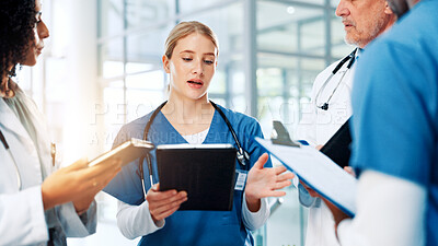 Buy stock photo Discussion, medical or tablet with doctors and nurses in hospital together for meeting or report. Healthcare, insurance and teamwork with professional medicine team in clinic for diagnosis review