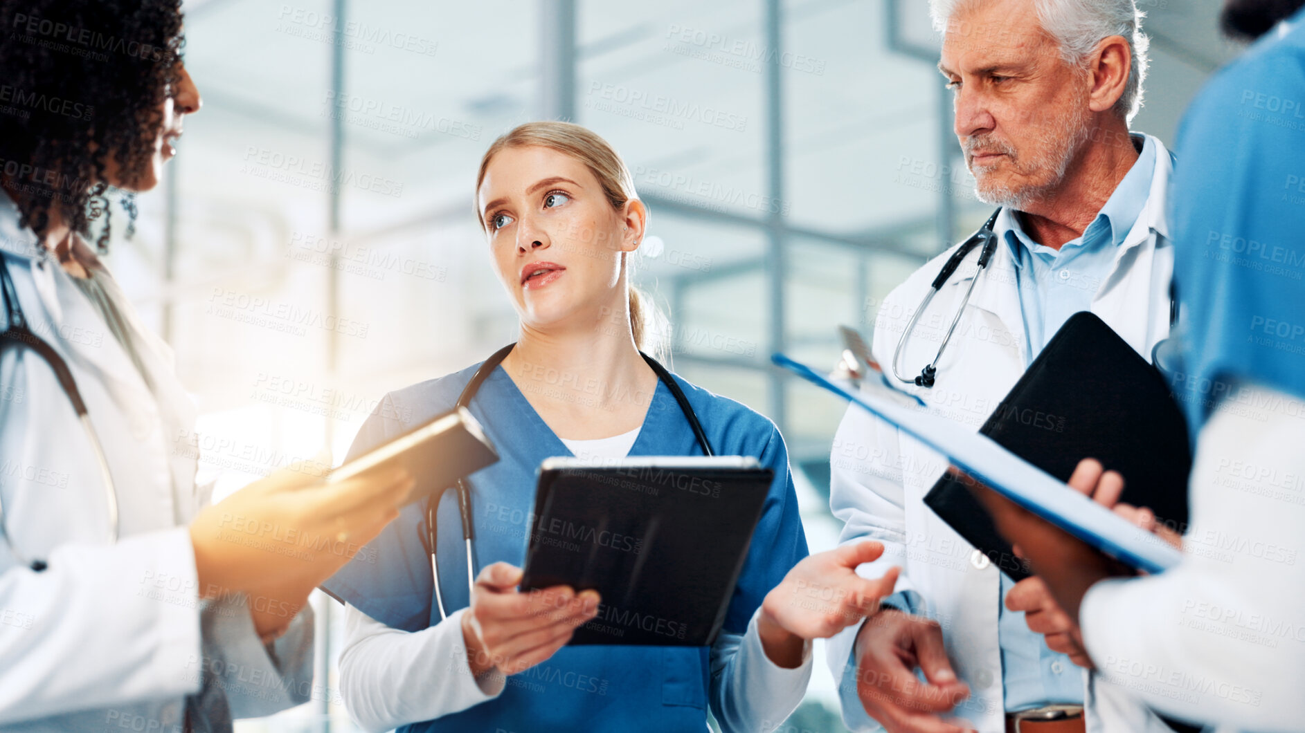Buy stock photo Medical, tablet or question with doctors and nurses in hospital together for discussion or report. Healthcare, solution and teamwork with professional medicine team in clinic for diagnosis review