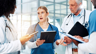 Buy stock photo Medical, tablet or teamwork with doctors and nurses in hospital together for discussion or report. Healthcare, insurance and meeting with professional medicine team in clinic for diagnosis review