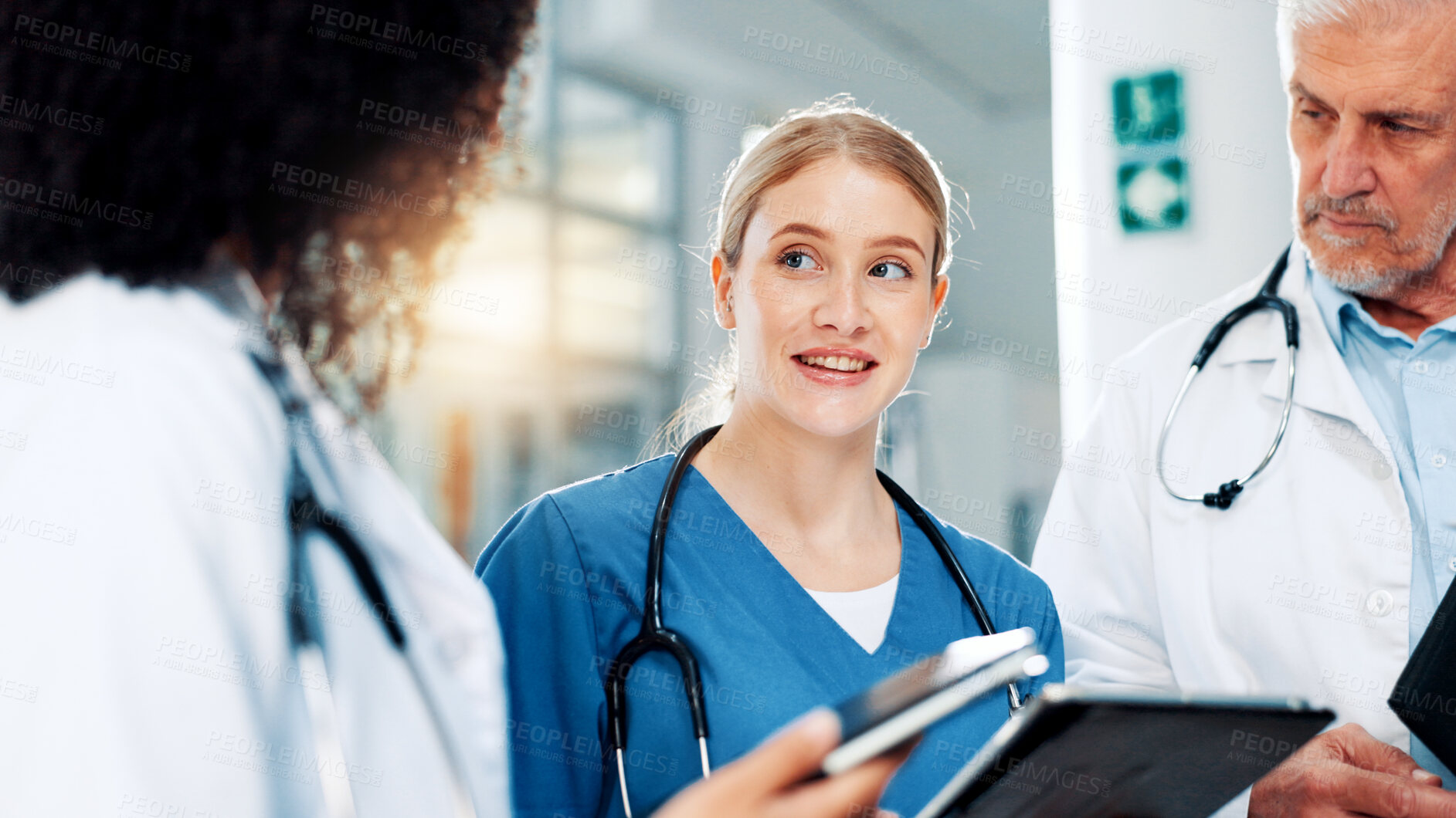 Buy stock photo Medical, smile or tablet with doctors and nurses in hospital together for discussion or report. Healthcare, insurance and meeting with happy professional medicine team in clinic for diagnosis review
