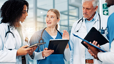 Buy stock photo Healthcare, meeting or tablet with doctors and nurses in hospital together for discussion or report. Collaboration, insurance and teamwork with professional medical group in clinic for diagnosis