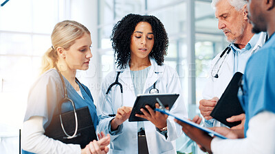 Buy stock photo Medical, report or tablet with doctors and nurses in hospital together for discussion or feedback. Conversation, healthcare and insurance with professional medicine team in clinic for collaboration
