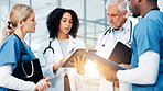 Medical, strategy or tablet with doctors and nurses in hospital together for discussion or report. Collaboration, flare and healthcare with professional medicine team in clinic for diagnosis review