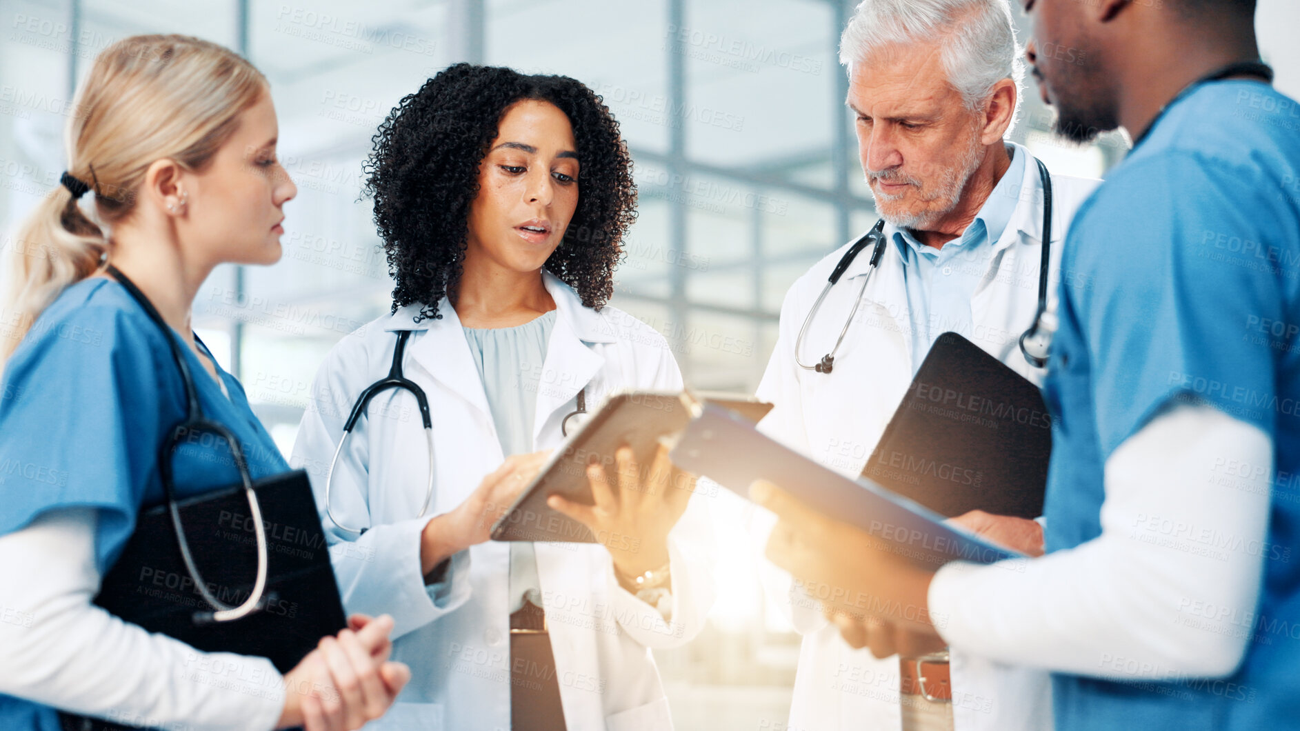 Buy stock photo Medical, strategy or tablet with doctors and nurses in hospital together for discussion or report. Collaboration, flare and healthcare with professional medicine team in clinic for diagnosis review