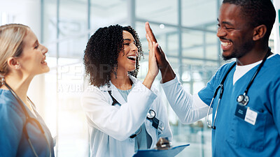 Buy stock photo Doctor, woman and team with high five, happy and clipboard with man, results and celebration. People, medical staff and goals with success, cheers and motivation for job with checklist at hospital