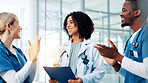 Doctor, woman and team with applause, happy and clipboard with man, results and celebration. People, medical staff and goals with success, praise and achievement in career with checklist at hospital