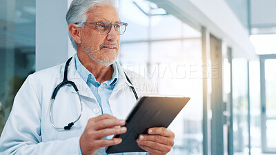 Buy stock photo Thinking, doctor or man in hospital, tablet or choice with problem solving, app or research. Healthcare, mature person and medical with professional, tech and planning for shift schedule and internet