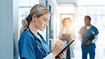 Hands, doctor or woman in hallway, tablet or stylus with digital app for shift schedule. Hospital, person or medical with professional, healthcare and research for clinic funding, email and internet