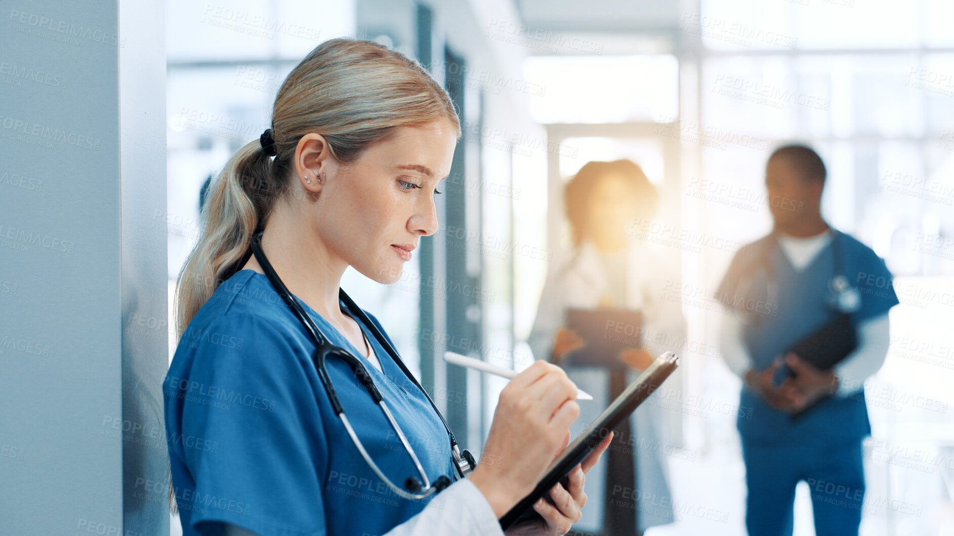Buy stock photo Hands, doctor or woman in hallway, tablet or stylus with digital app for shift schedule. Hospital, person or medical with professional, healthcare and research for clinic funding, email and internet