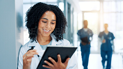 Buy stock photo Smile, doctor and woman in hospital, tablet and internet with email for shift schedule. Healthcare, person and medical with professional, connection and online reading with app and research in clinic