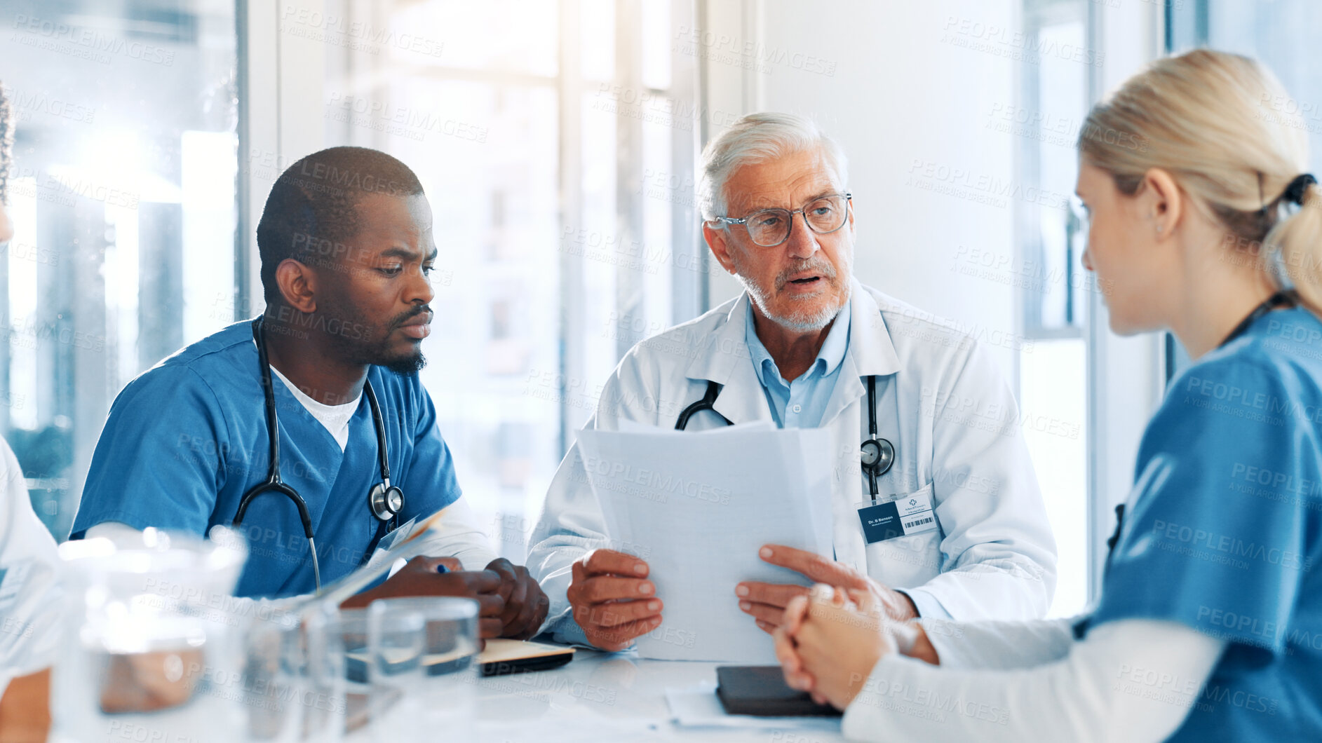 Buy stock photo Documents, doctor and people in hospital, meeting or planning for shift schedule. Group, employees or medical with professional, paperwork or feedback for funding report or review for cancer research