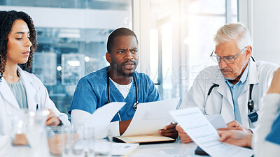 Buy stock photo Man, doctors and meeting with documents at hospital, review and planning with report for virus. People, medical staff and teamwork with feedback, results and talk for solution in boardroom at clinic
