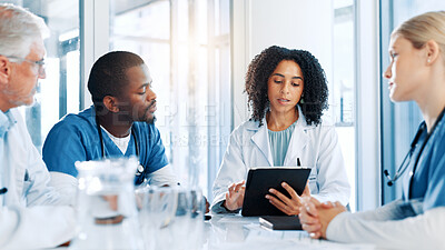 Buy stock photo Woman, doctors and meeting with tablet at hospital, review and planning with report for virus. People, medical staff and team with feedback, application and talk for solution in boardroom at clinic