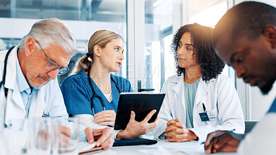 Buy stock photo Woman, doctors and team with tablet at hospital, review and planning with report for virus. People, medical staff and meeting with feedback, application and talk for solution in boardroom at clinic