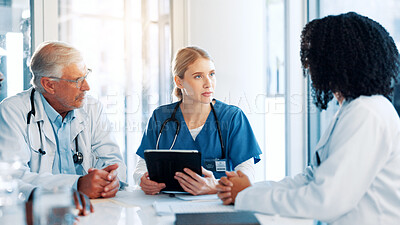 Buy stock photo Tablet, discussion and team of doctors in hospital boardroom with medical report for treatment planning. Digital technology, research and group of healthcare workers with surgery schedule in clinic.