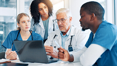 Buy stock photo Laptop, meeting and team of doctors in hospital boardroom with medical report for treatment planning. Computer, research and group of healthcare workers with manager for surgery schedule in clinic.