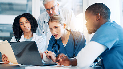 Buy stock photo Laptop, discussion and team of doctors in hospital boardroom with medical report for treatment planning. Computer, research and group of healthcare workers with manager for surgery schedule in clinic