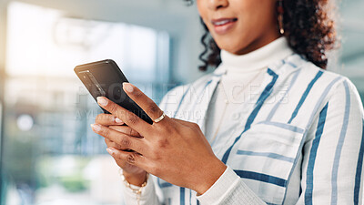 Buy stock photo Hands, phone and business woman in office for social media, message or editor review article. Mobile, online and creative worker check email for news source, journalism and communication on internet