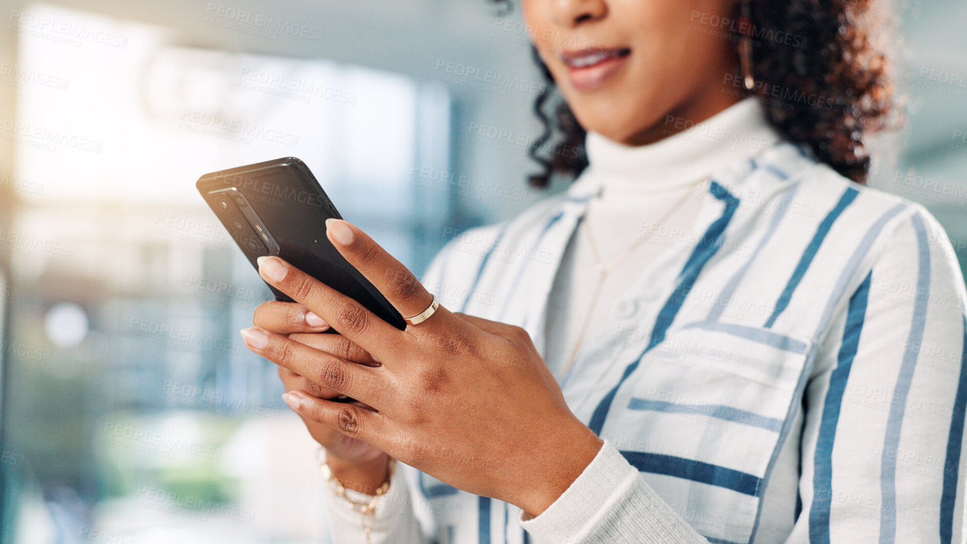 Buy stock photo Hands, phone and business woman in office for social media, message or editor review article. Mobile, online and creative worker check email for news source, journalism and communication on internet